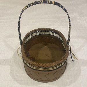 Vintage woven decorative basket braided gold blue white ribbon handle Easter